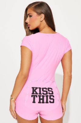 Kiss This PJ Romper Onesie - Pink sold by Fashion Nova