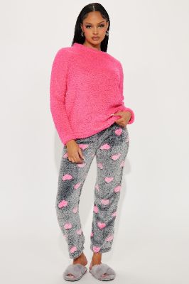 I Heart You Plush PJ Pant Set - Black/Pink sold by Fashion Nova