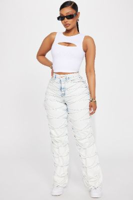 Bold Concepts Strappy Straight Leg Jeans - Light Wash sold by Fashion Nova