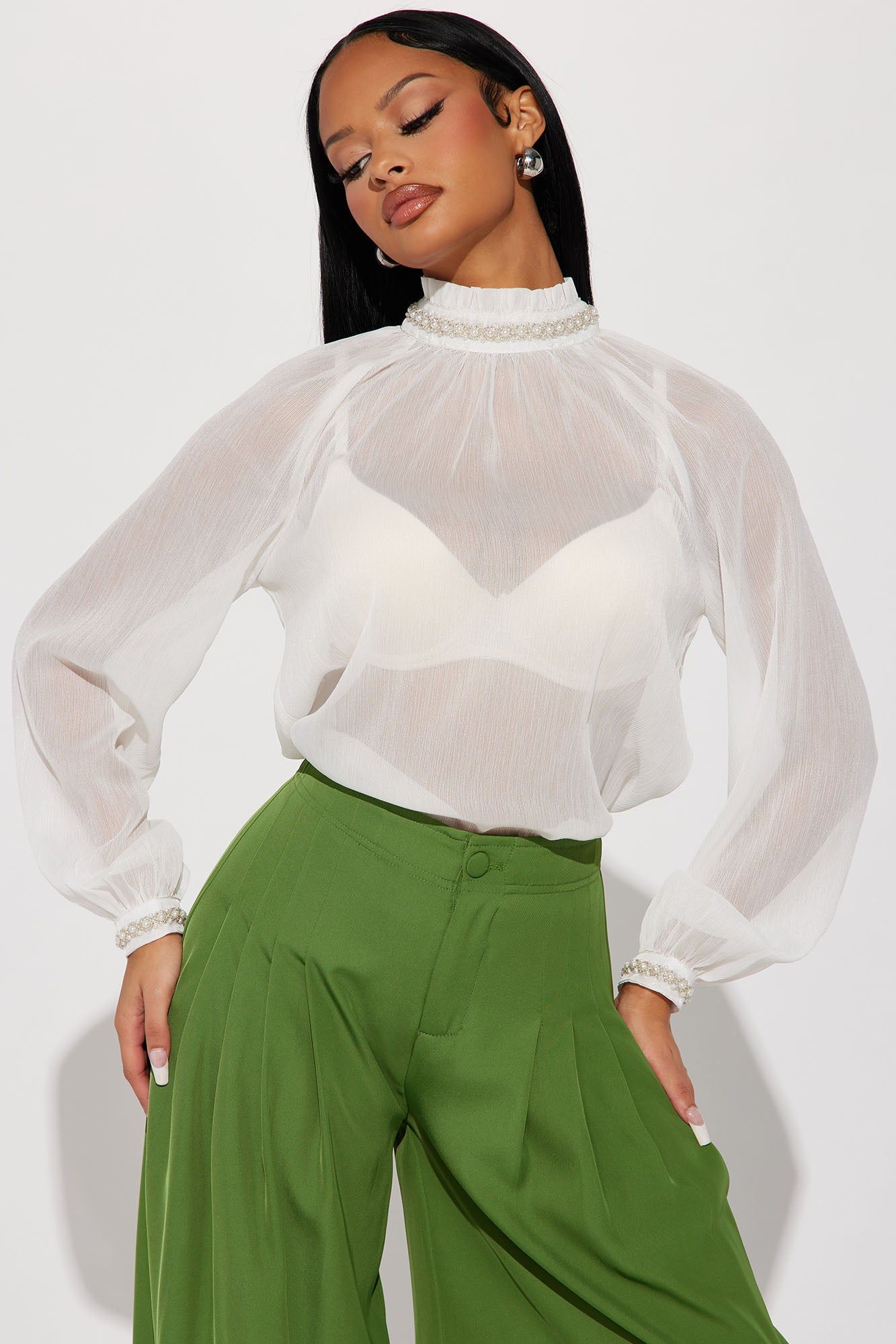 Pearly Mood Blouse Top - White sold by Fashion Nova