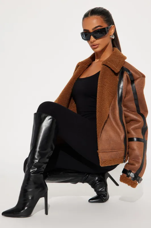 Sydney Faux Suede Oversized Moto Jacket - Cognac sold by Fashion Nova