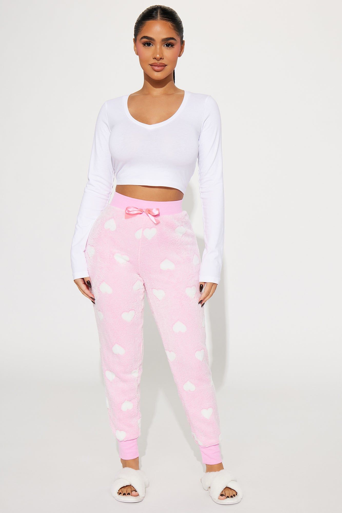 Sleepy Hearts Plush PJ Joggers - Pink/combo sold by Fashion Nova