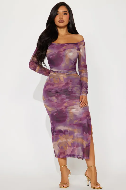 Olivia Off Shoulder Mesh Maxi Dress - Plum/Multi sold by Fashion Nova