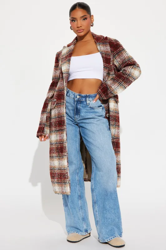 Across The Pond Plaid Trench - Red/combo sold by Fashion Nova