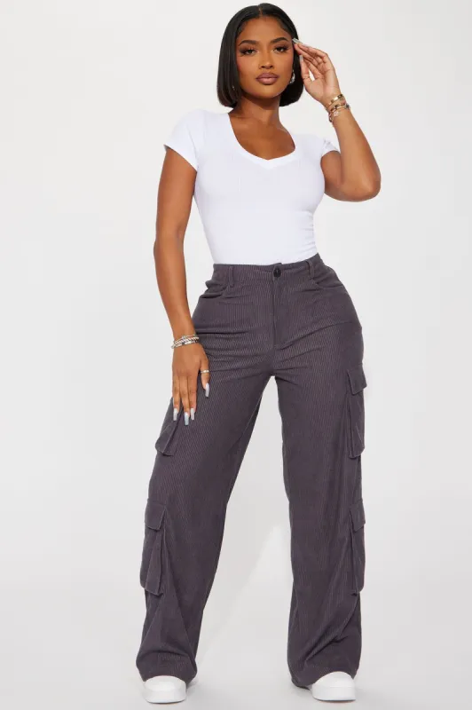 Cozy Casual Corduroy Cargo Pant - Charcoal sold by Fashion Nova