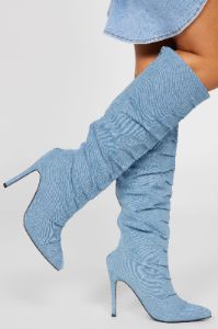 Got You Mesmerized Knee High Heeled Boots - Denim sold by Fashion Nova