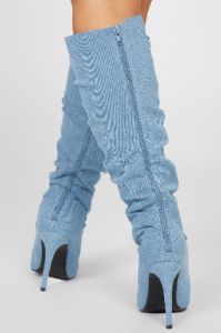 Got You Mesmerized Knee High Heeled Boots - Denim sold by Fashion Nova