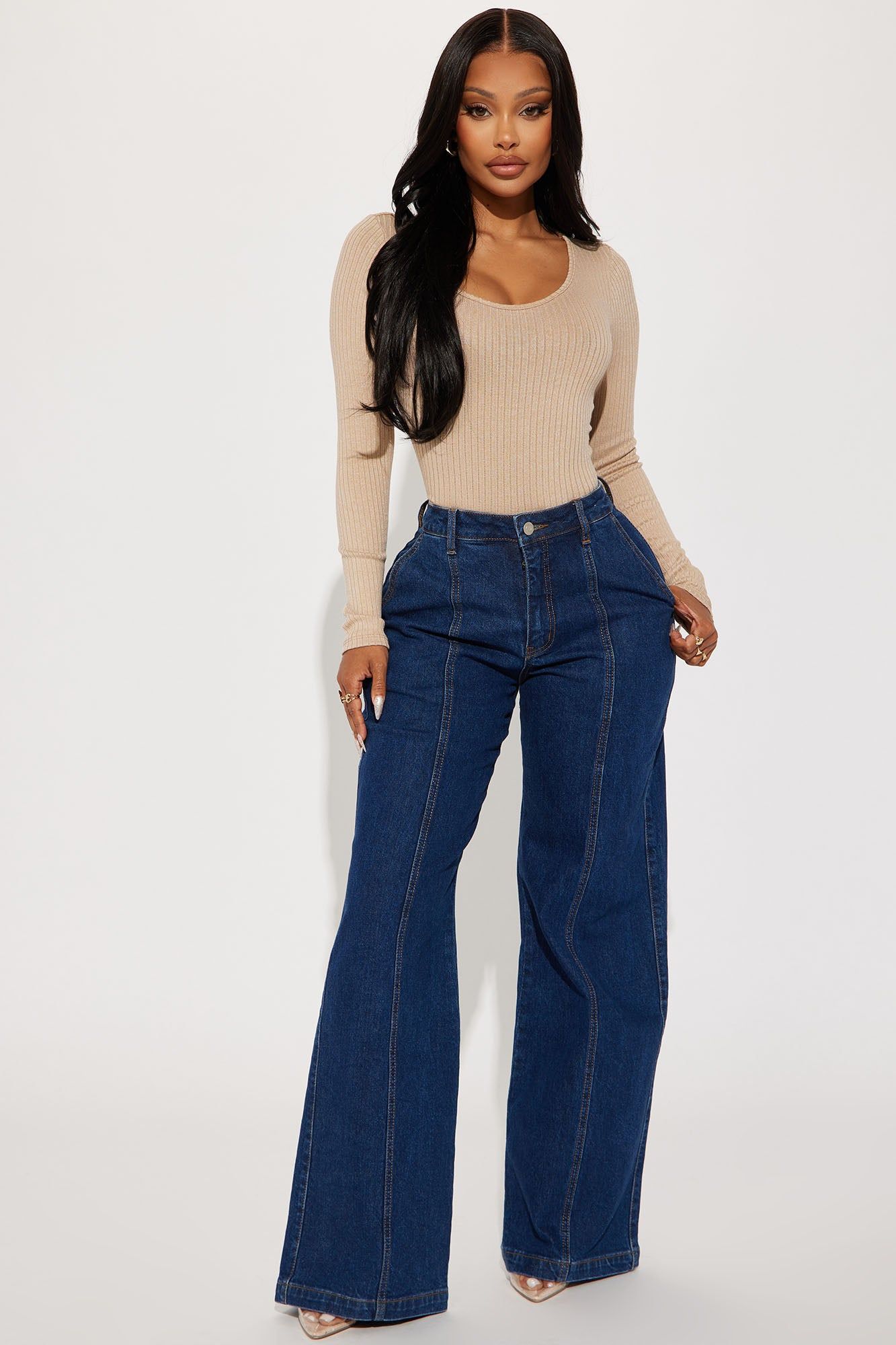 Feel The Connection Wide Leg Jeans - Dark Wash sold by Fashion Nova