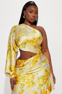 Angelica Satin Midi Dress - Yellow/combo sold by Fashion Nova