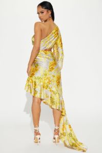 Angelica Satin Midi Dress - Yellow/combo sold by Fashion Nova