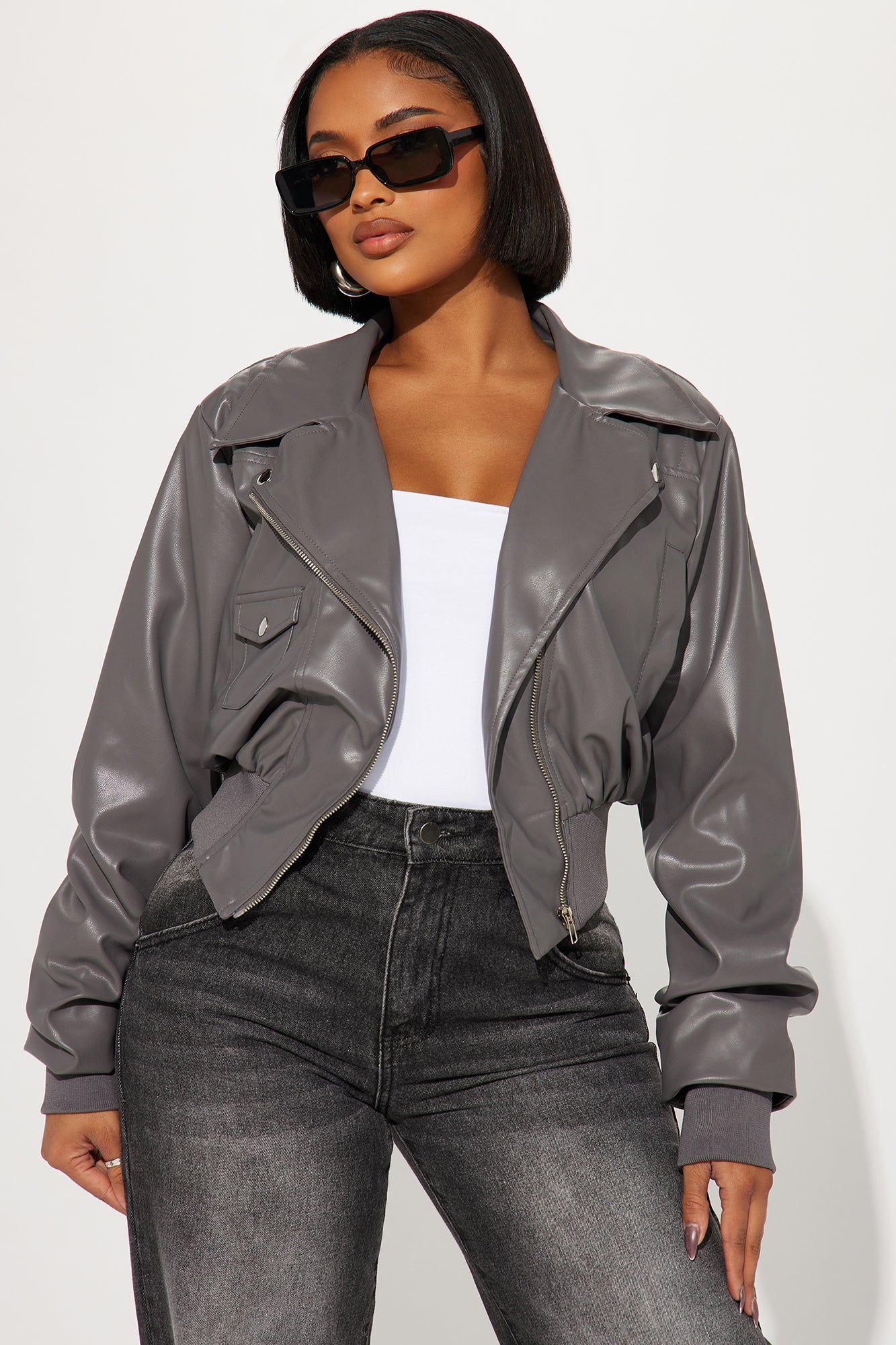 Let's Go Downtown Moto Jacket - Grey sold by Fashion Nova