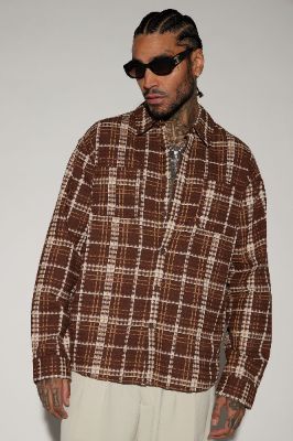 Take You On A Ride Textured Button Up Shirt - Chocolate/Combo sold by Fashion Nova