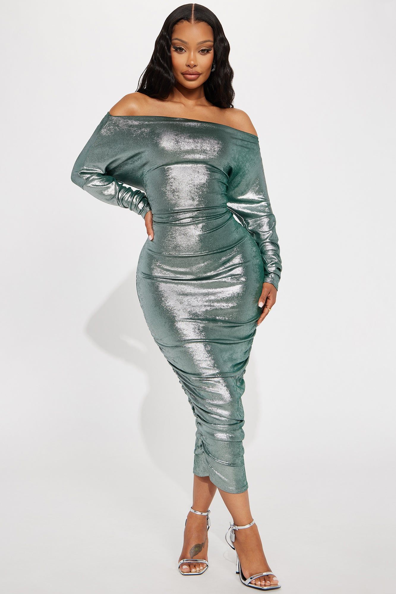 Adeline Metallic Midi Dress - Hunter sold by Fashion Nova