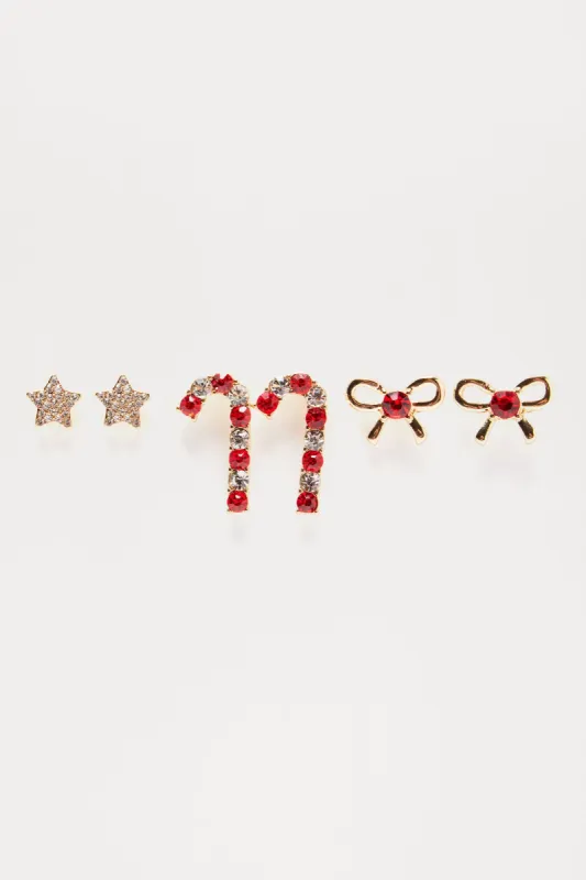 Santa's Candy Cane 3 Pack Earrings - Gold/Red sold by Fashion Nova