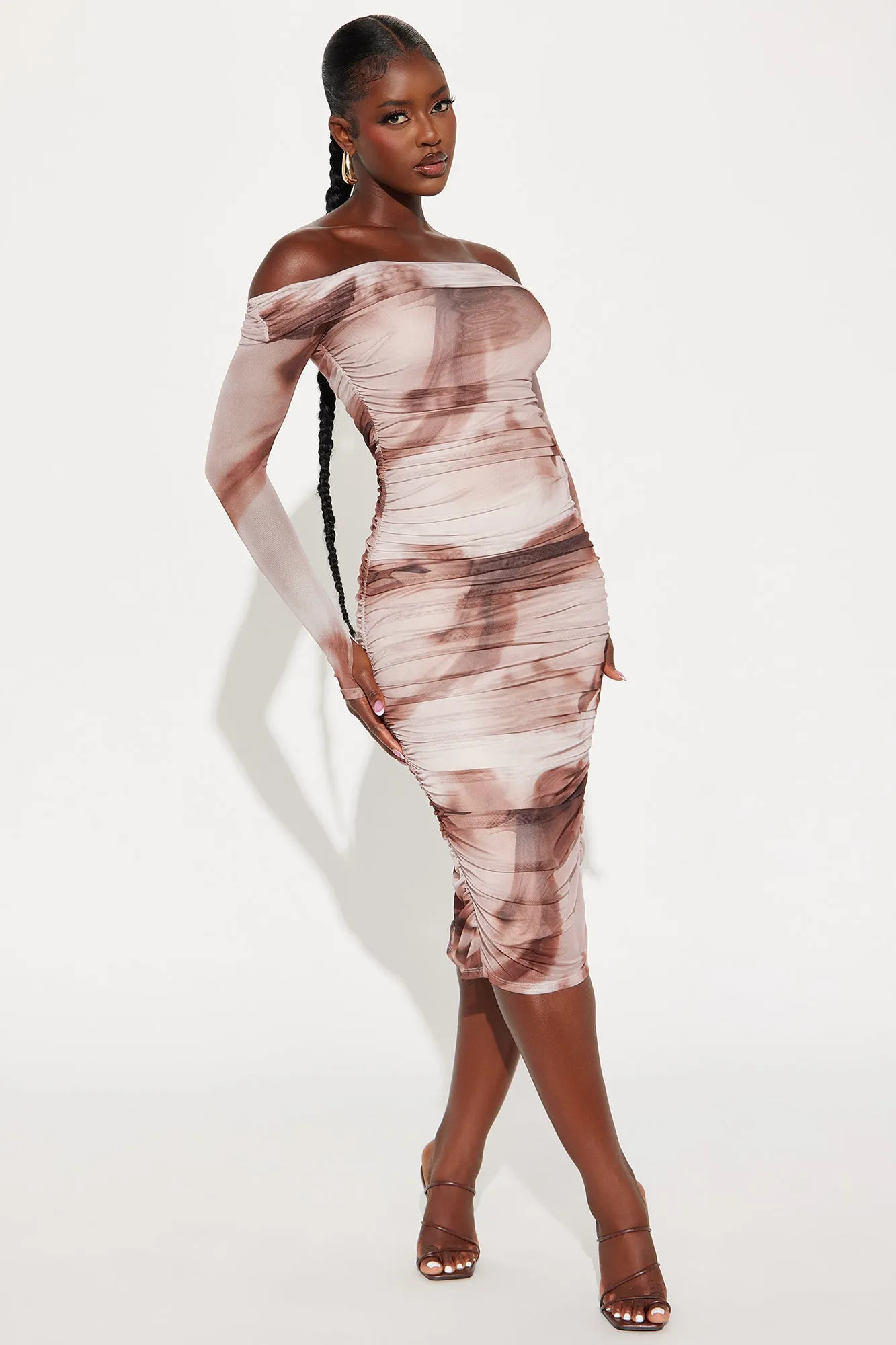 Sofia Long Sleeve Mesh Midi Dress - Brown/combo sold by Fashion Nova