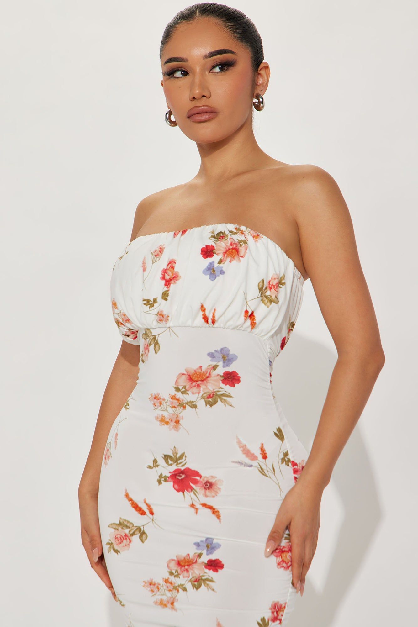 Sarina Ruched Floral Midi Dress - White/combo sold by Fashion Nova product image thumbnail 2