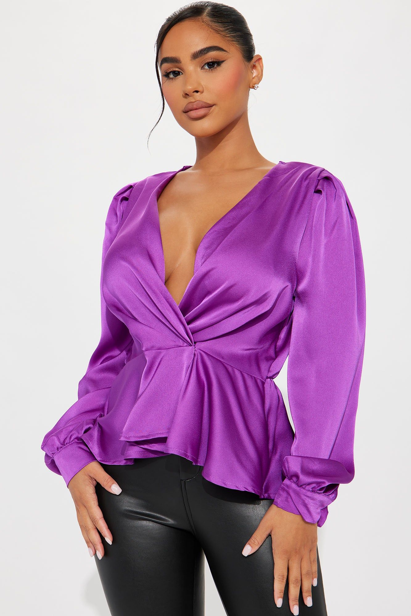 Linda Satin Blouse Top - Purple sold by Fashion Nova