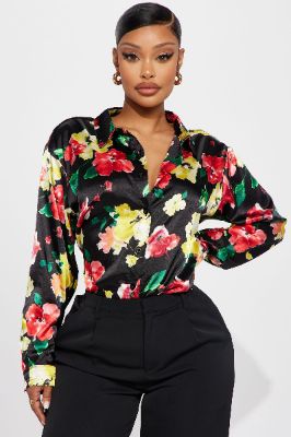 Growing Daily Satin Shirt - Black sold by Fashion Nova