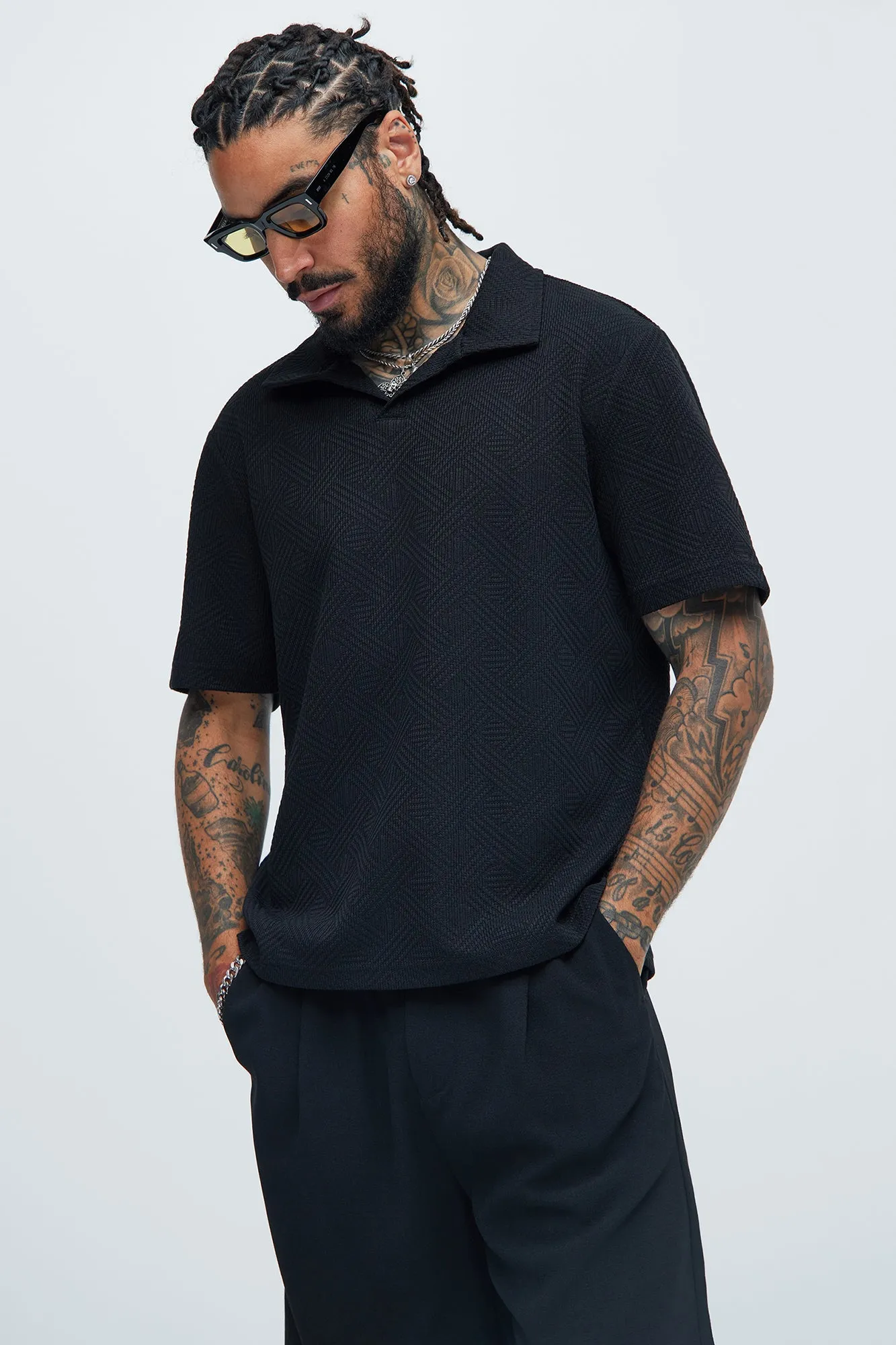 Burley Geo Textured Johnny Collar Shirt - Black sold by Fashion Nova