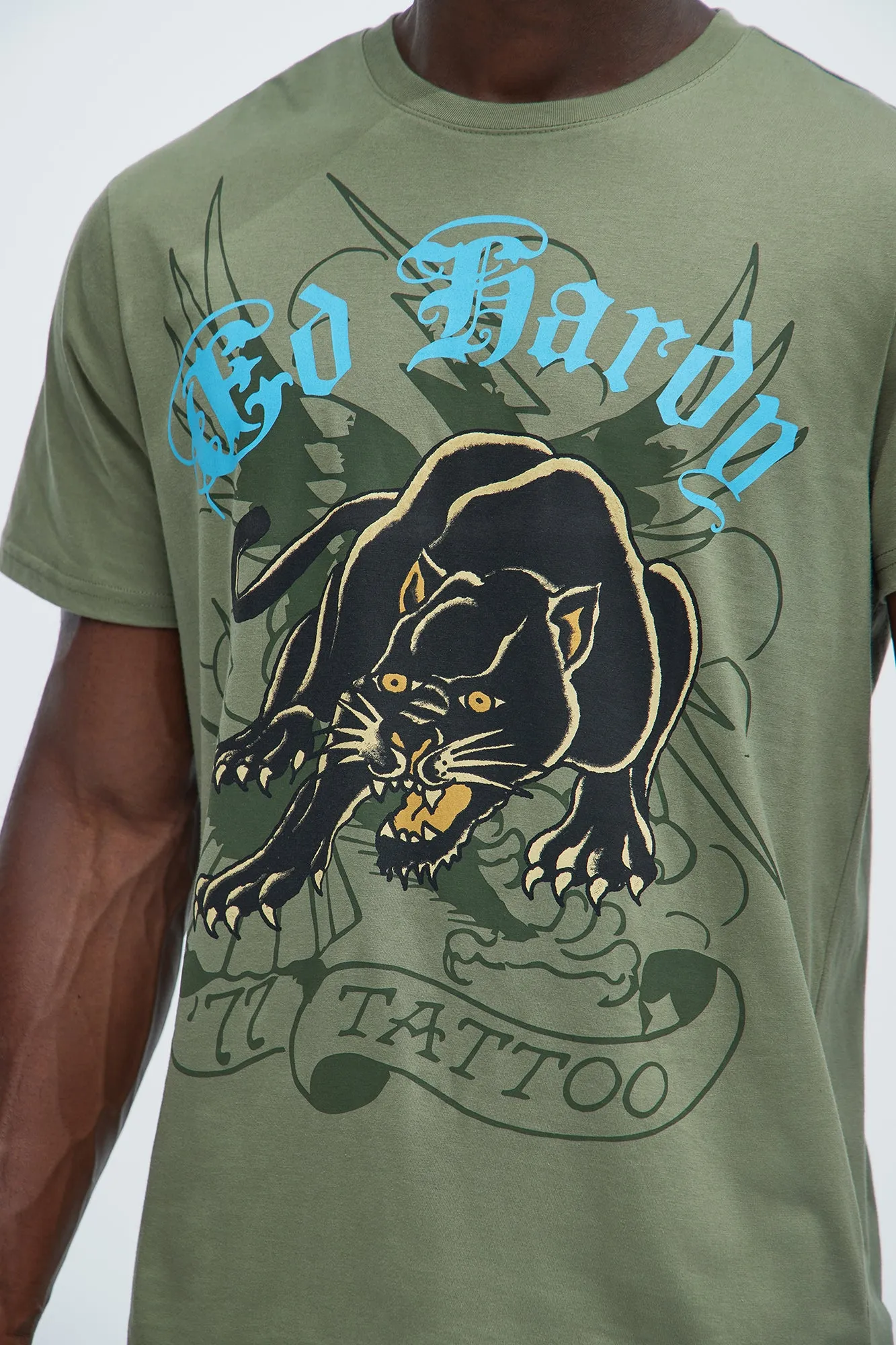 Ed Hardy Crouching Panther Tattoo Short Sleeve Tee - Olive sold by Fashion Nova