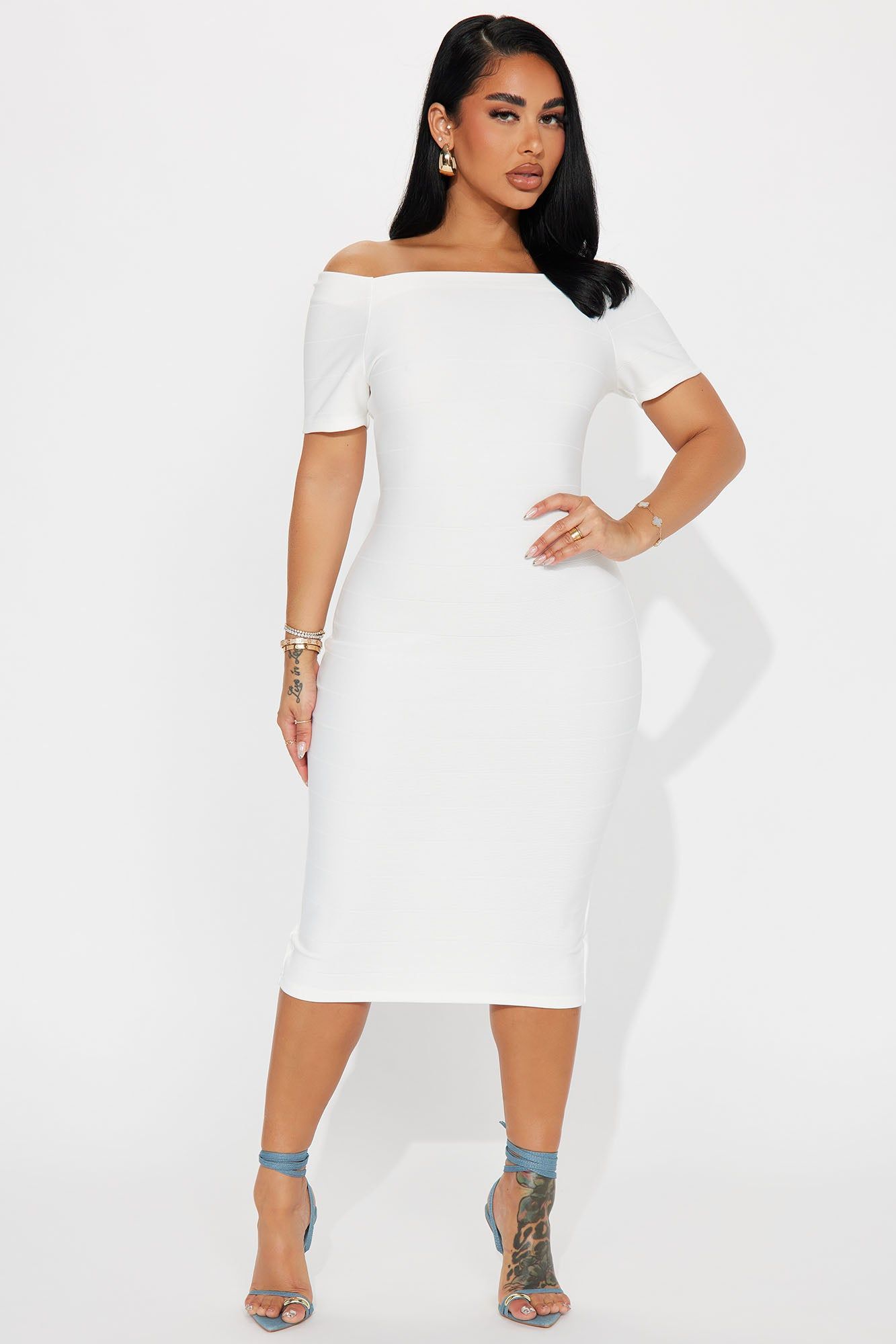 Amara Off Shoulder Midi Dress - White sold by Fashion Nova