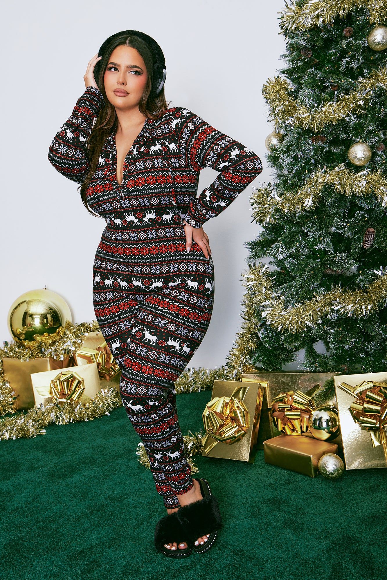 By The Fireplace Fleece PJ Jumpsuit Onesie - Black/combo sold by Fashion Nova product image thumbnail 4