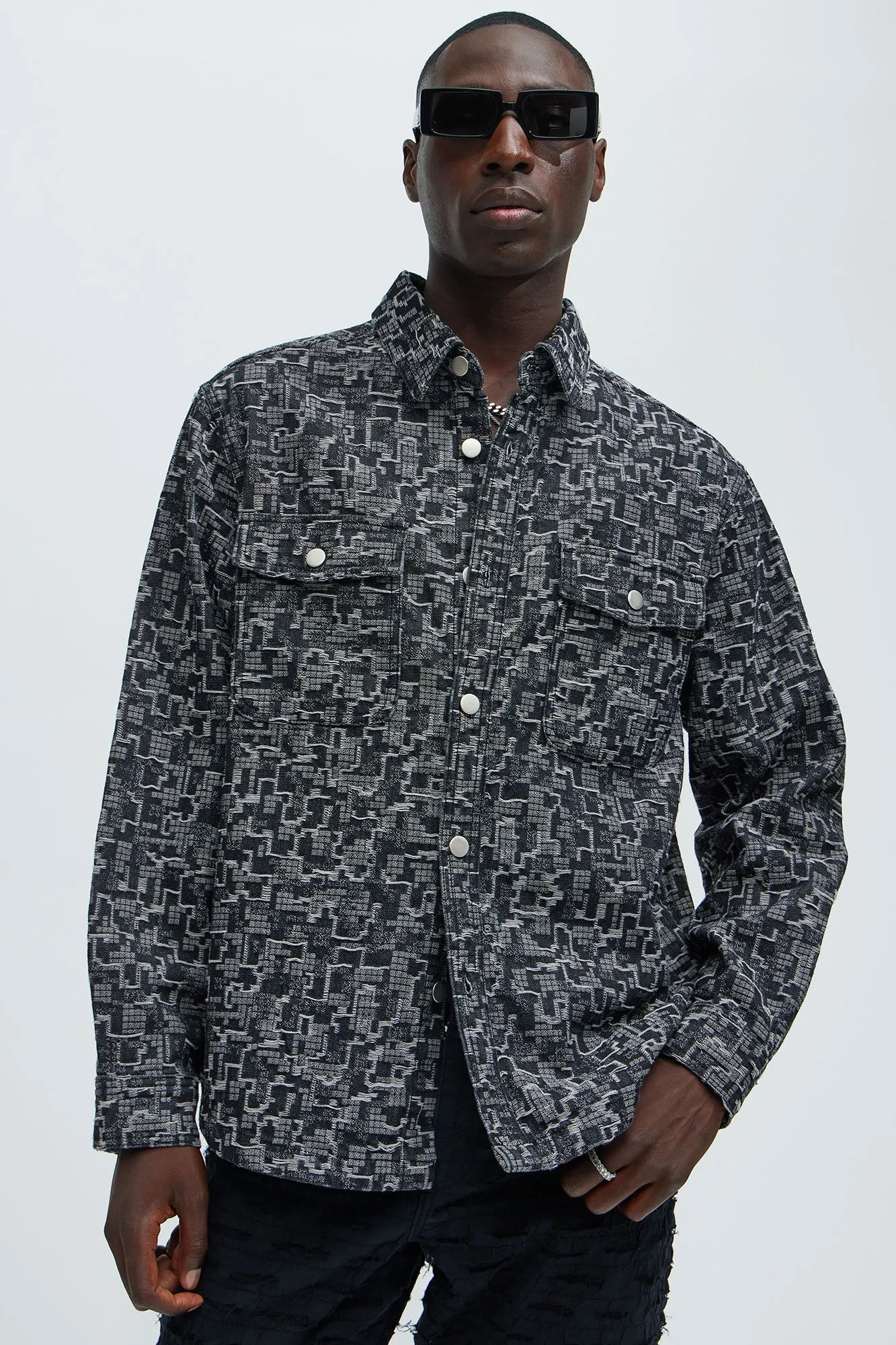 Arrow Jacquard Overshirt - Black Wash sold by Fashion Nova