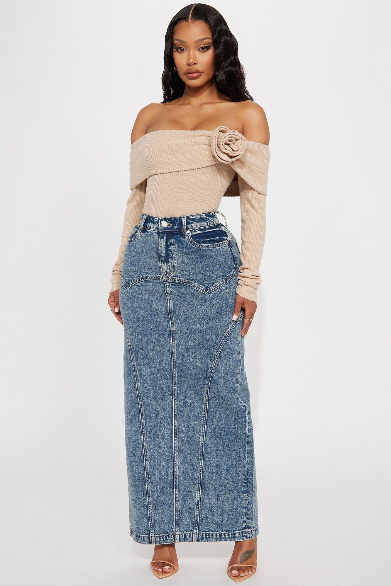 Romee Denim Maxi Skirt - Dark Wash sold by Fashion Nova