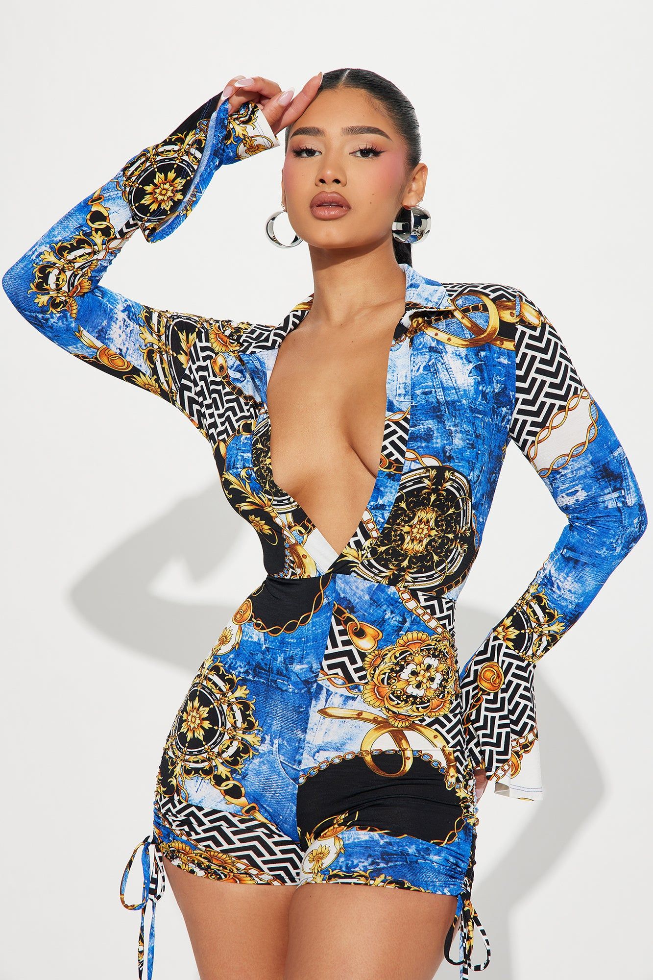 Boujee Babe Romper - Blue/combo sold by Fashion Nova