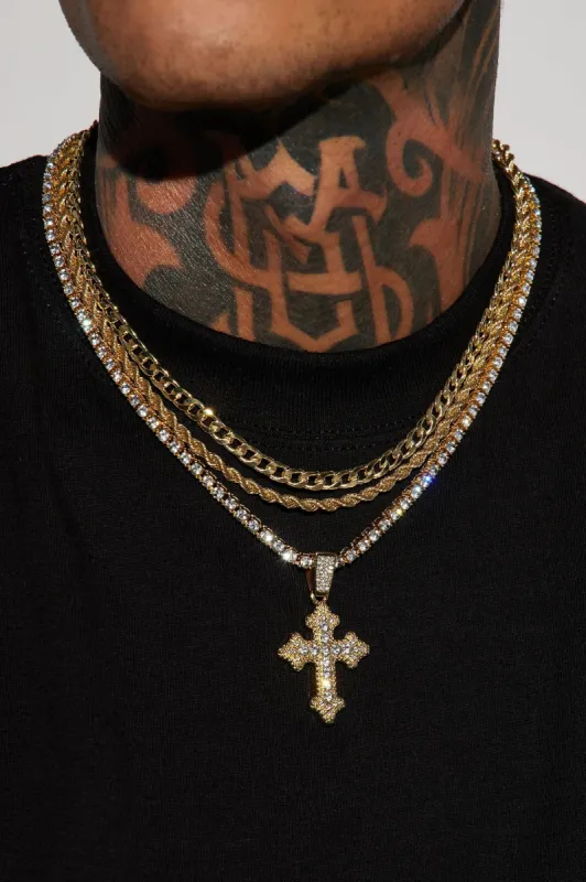 Iced Out Cross Out 3 Piece Chain Necklace - Gold sold by Fashion Nova