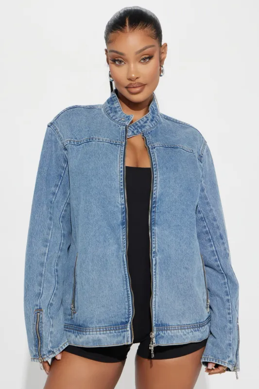 Got It Bad Denim Bomber Jacket - Medium Wash sold by Fashion Nova