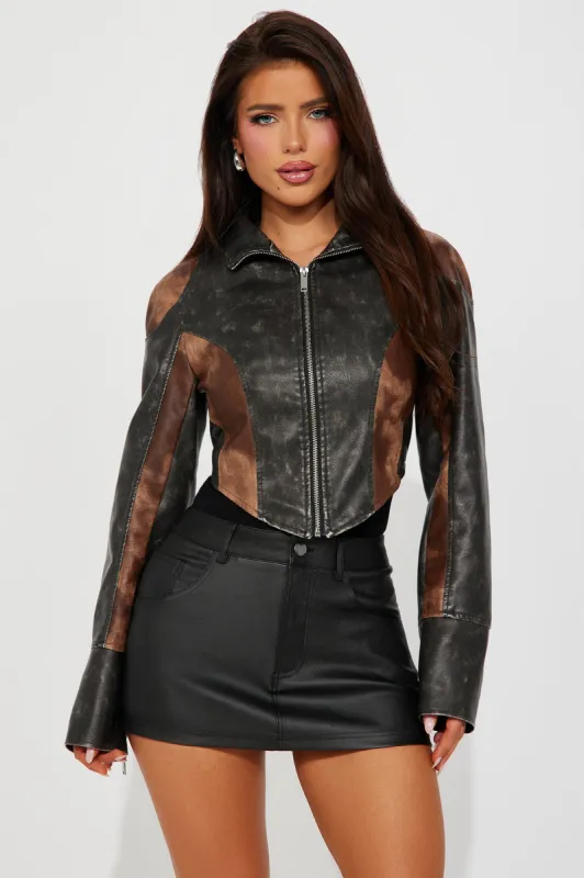 Tough Luck Washed Faux Leather Jacket - Grey/combo sold by Fashion Nova