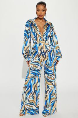 Don't Stop Moving Satin Jumpsuit - Blue/combo sold by Fashion Nova