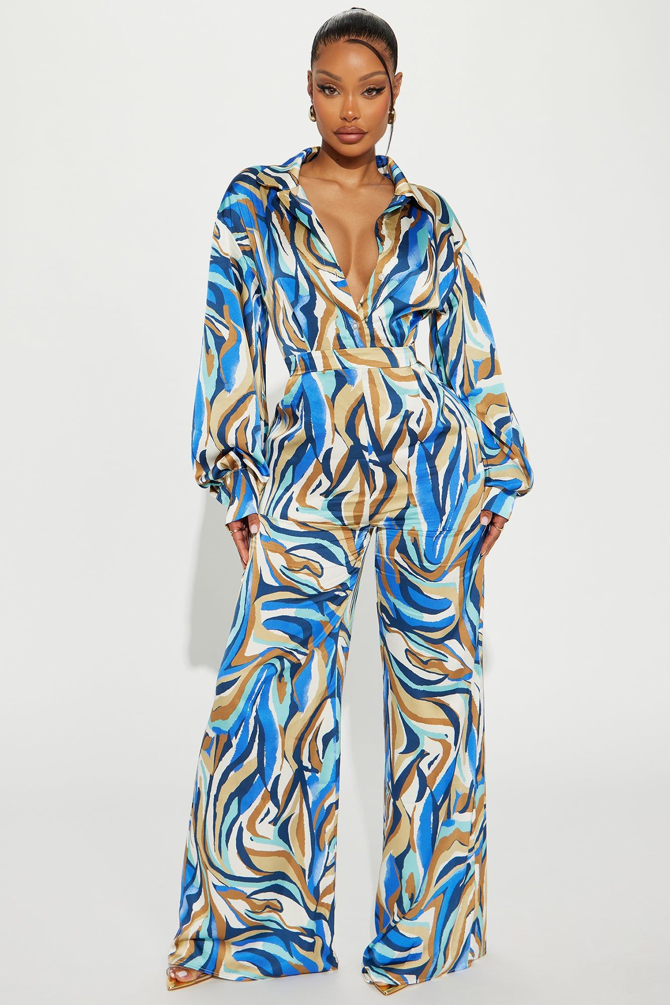 Don't Stop Moving Satin Jumpsuit - Blue/combo sold by Fashion Nova