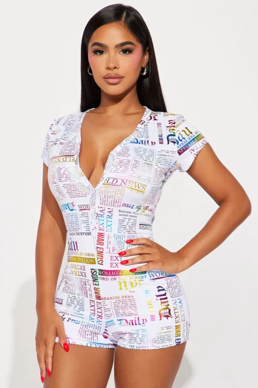 Never Leaving This Bed PJ Romper Onesie - White/combo sold by Fashion Nova