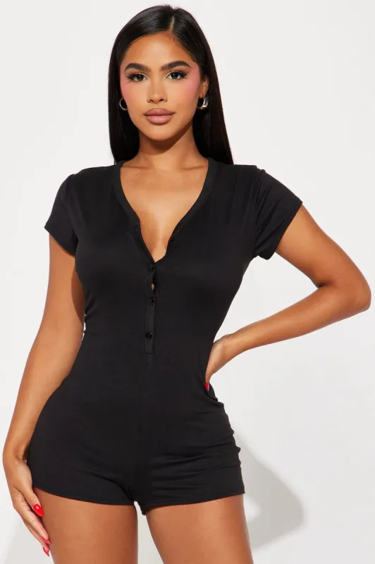 Never Leaving This Bed PJ Romper Onesie - Black sold by Fashion Nova