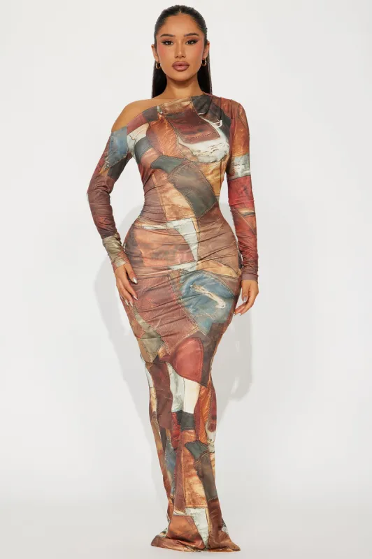 Patch Me Up Maxi Dress - Brown/combo sold by Fashion Nova