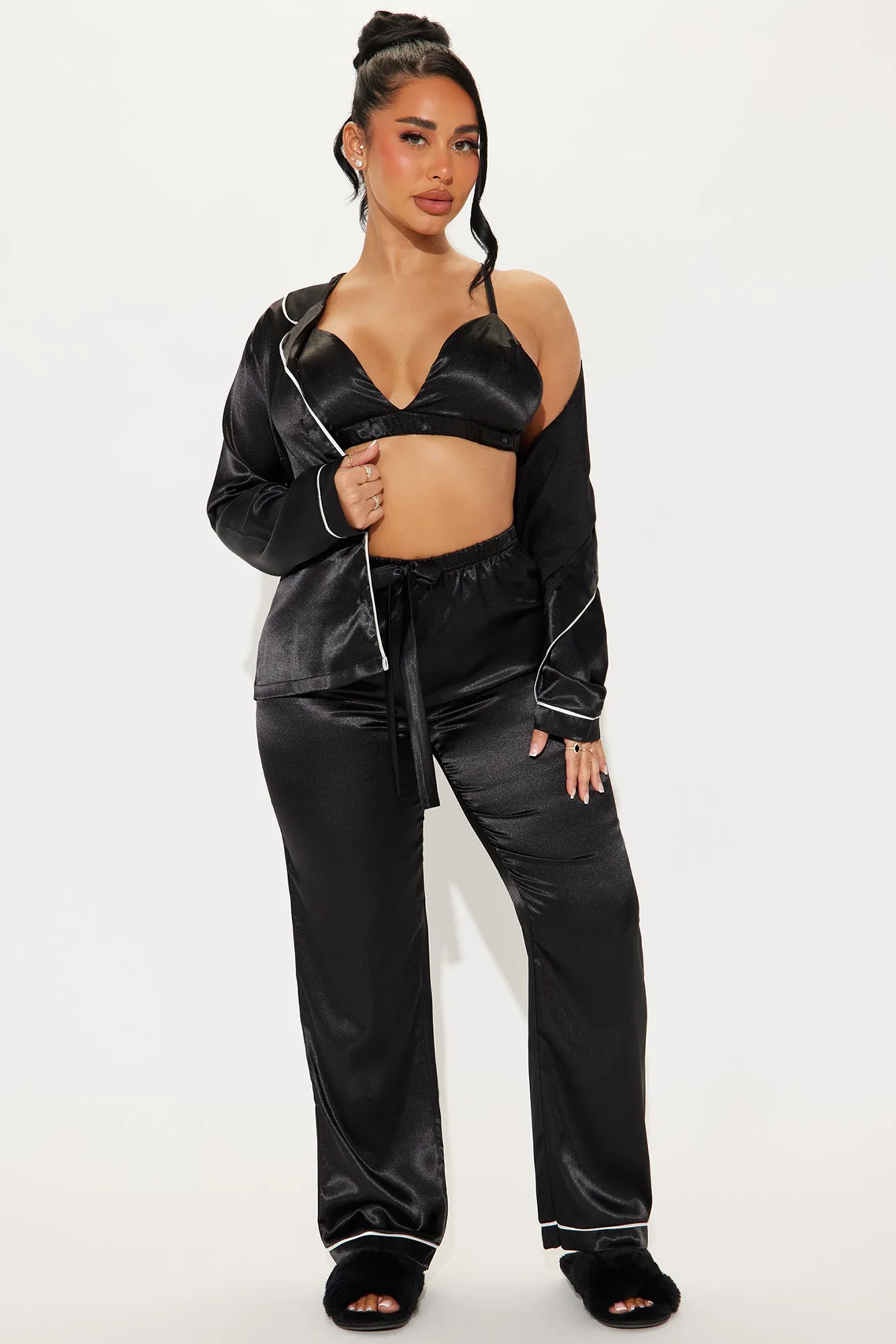 Sleeping In Late Satin 3 Piece PJ Pant Set - Black sold by Fashion Nova