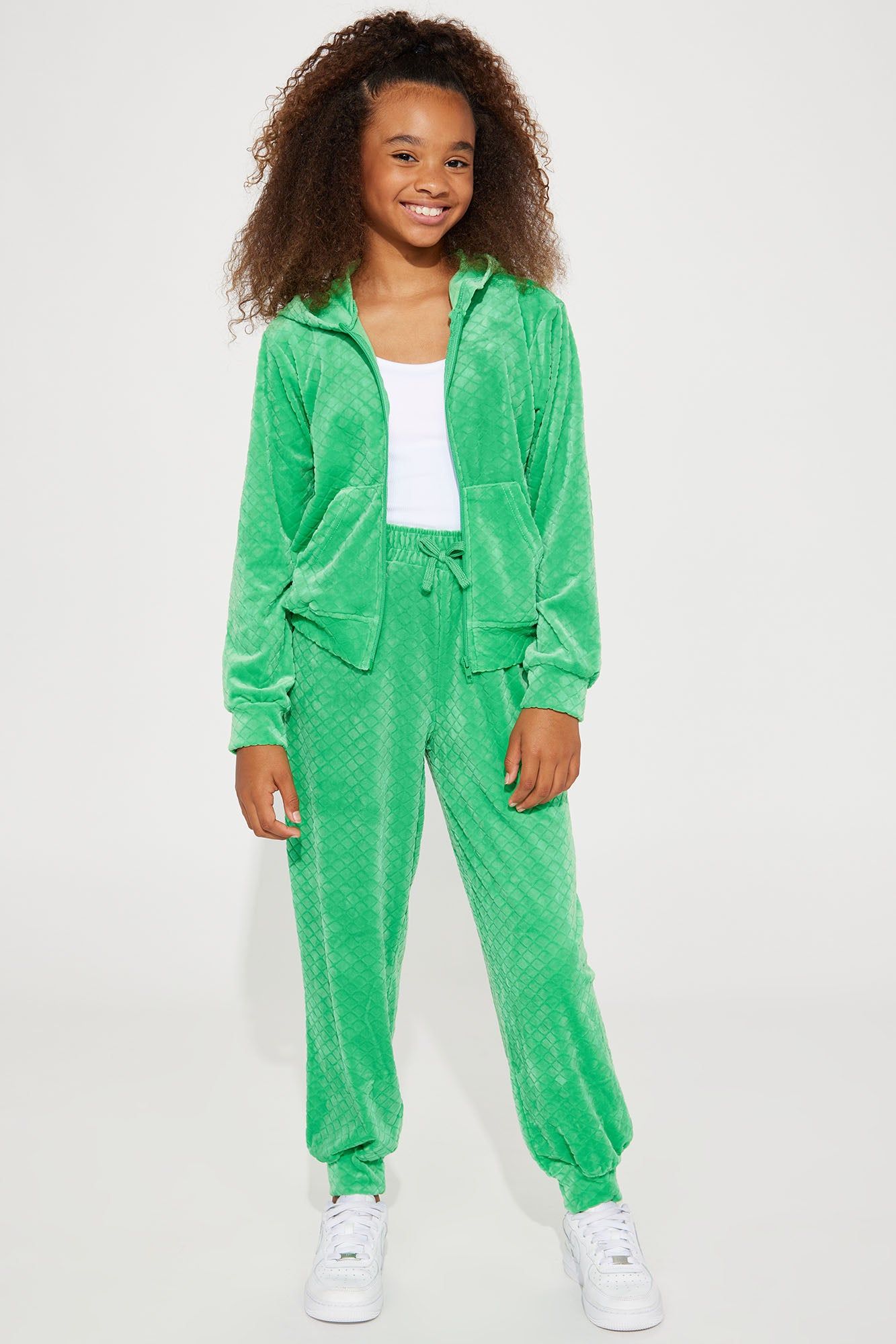 Mini Embossed Velour Joggers - Green sold by Fashion Nova