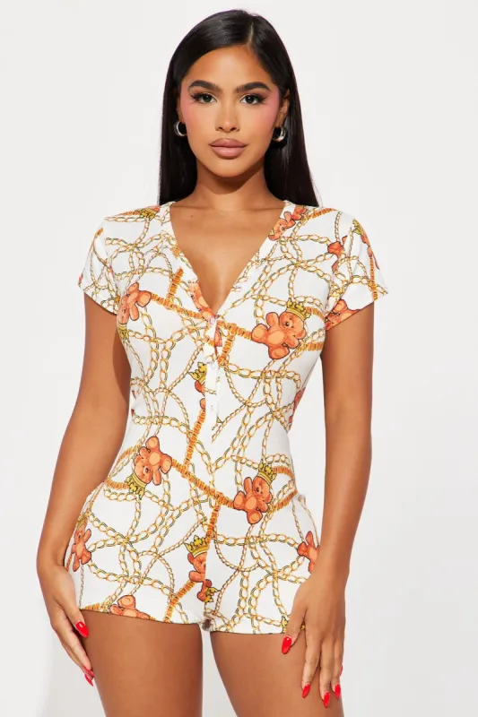 Never Leaving This Bed PJ Romper Onesie - Brown/combo sold by Fashion Nova