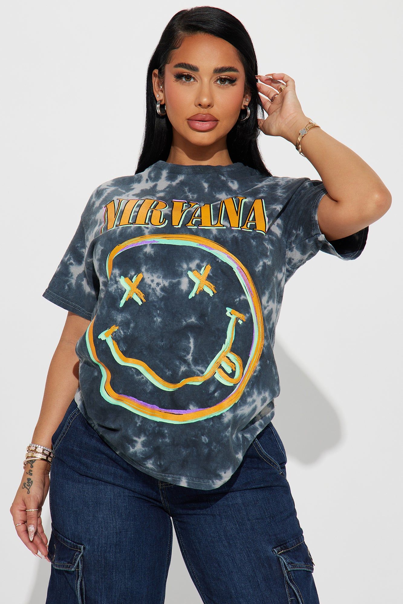Nirvana All Smiles Tie Dye Tee - Black/combo sold by Fashion Nova