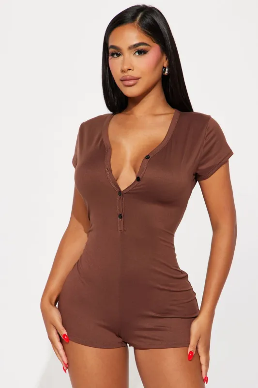Never Leaving This Bed PJ Romper Onesie - Brown sold by Fashion Nova