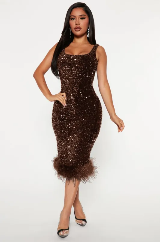 Hollie Sequin Midi Dress - Chocolate sold by Fashion Nova