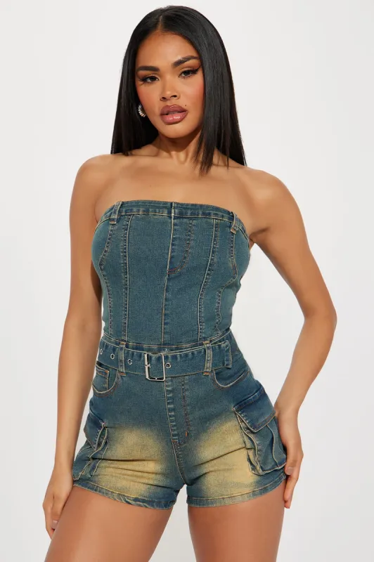 Excuse Me Miss Denim Romper - Dark Wash sold by Fashion Nova