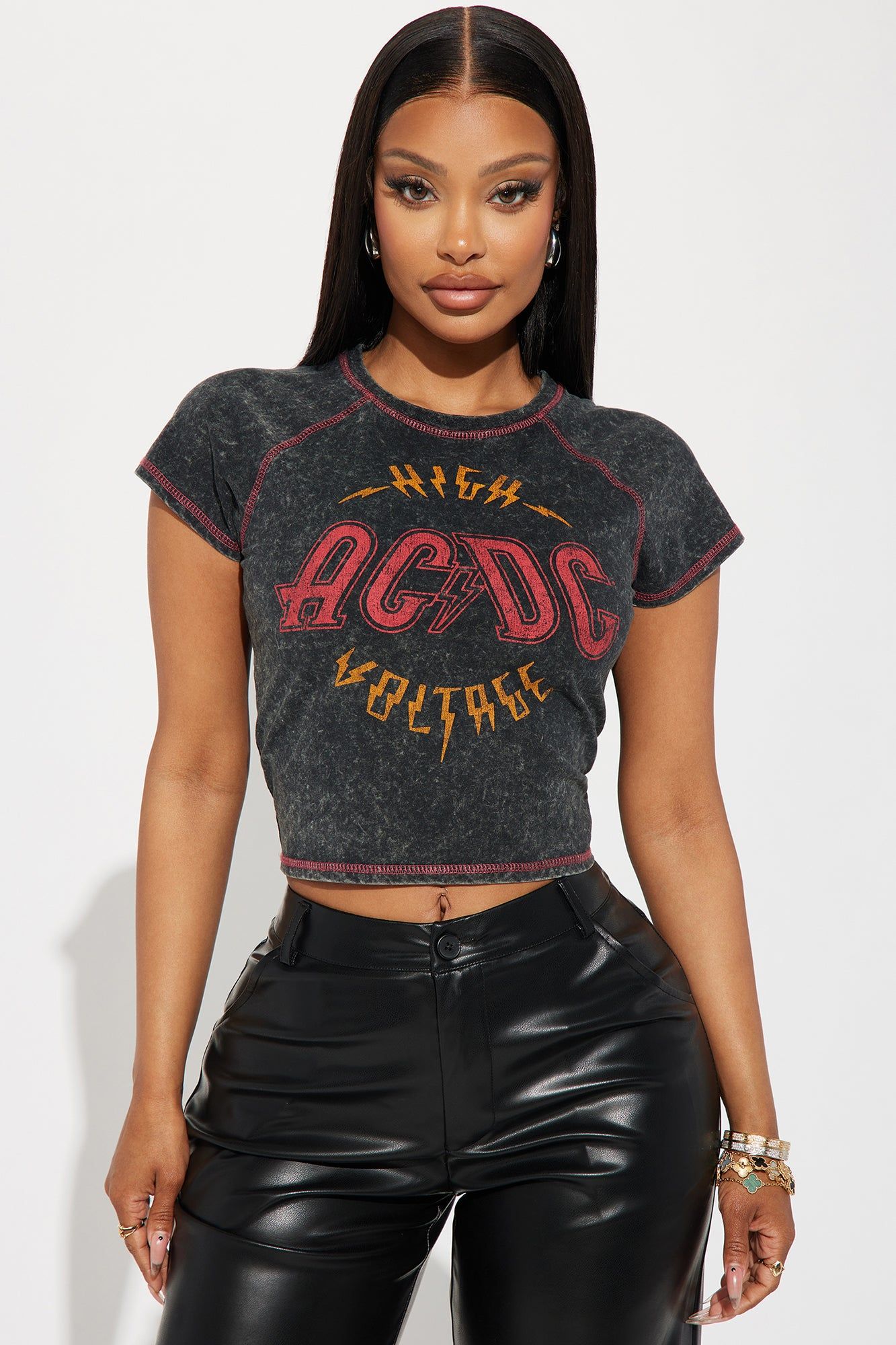 High Voltage ACDC Washed Fitted Tee - Black Wash sold by Fashion Nova