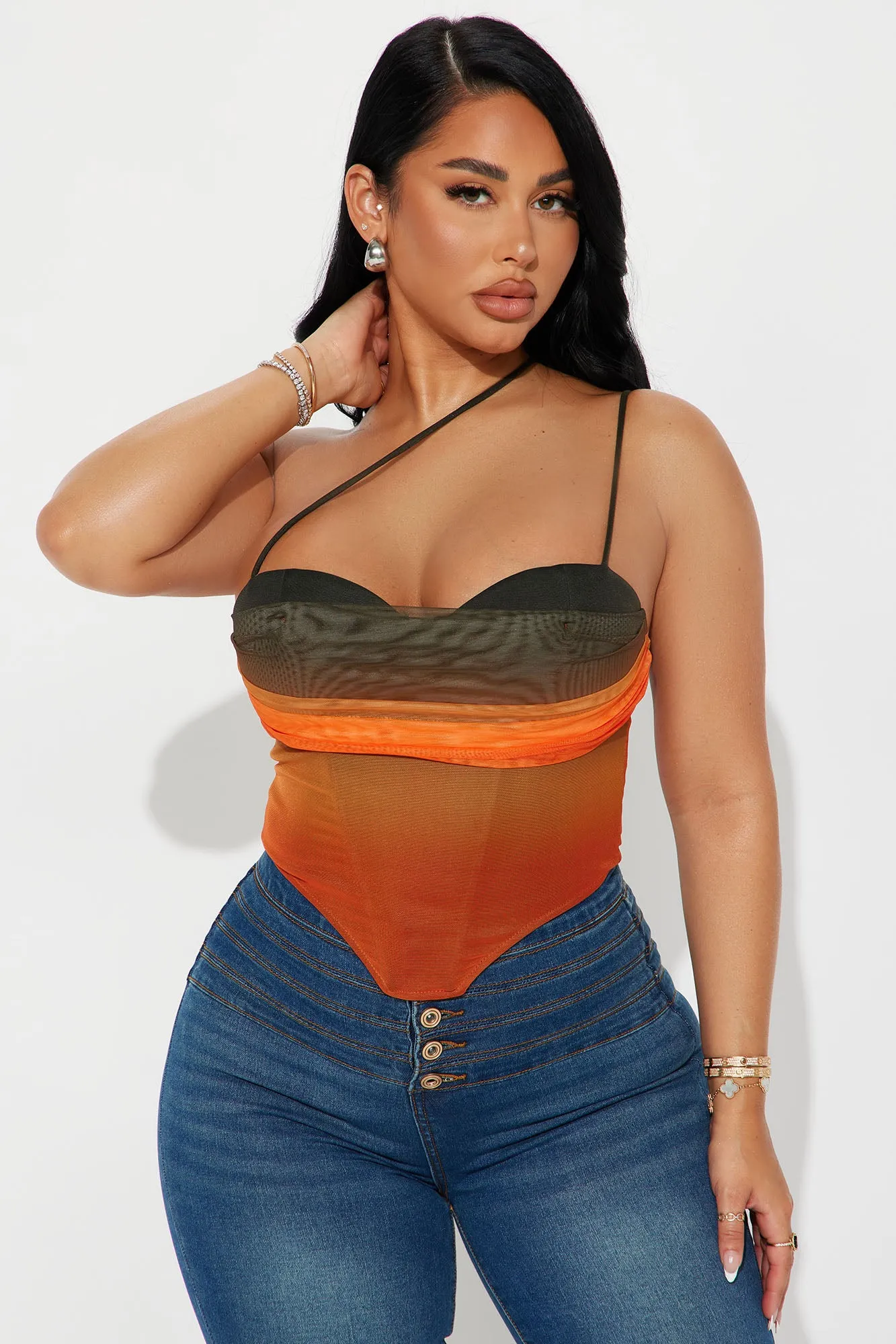 Summer Sunset Mesh Corset Top - Orange/combo sold by Fashion Nova