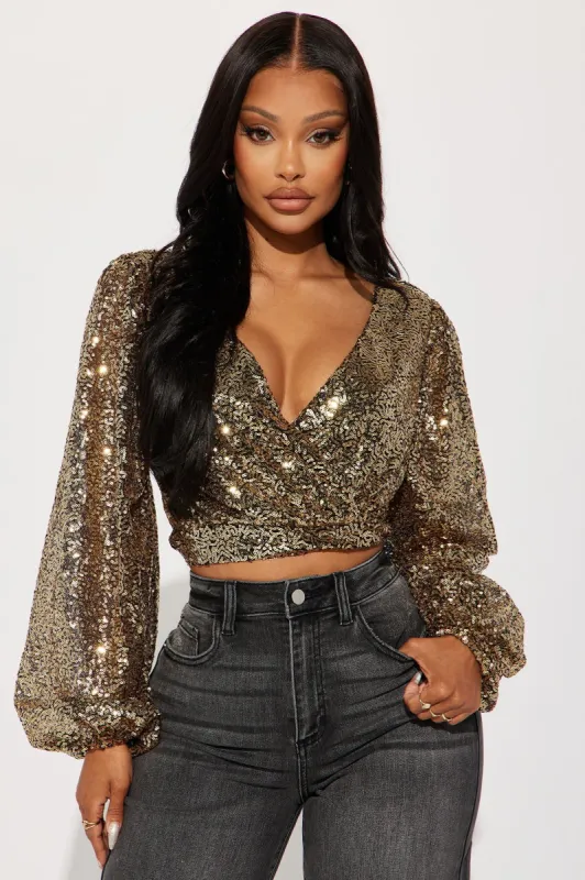 Highlight Nights Sequin Top - Gold/Black sold by Fashion Nova