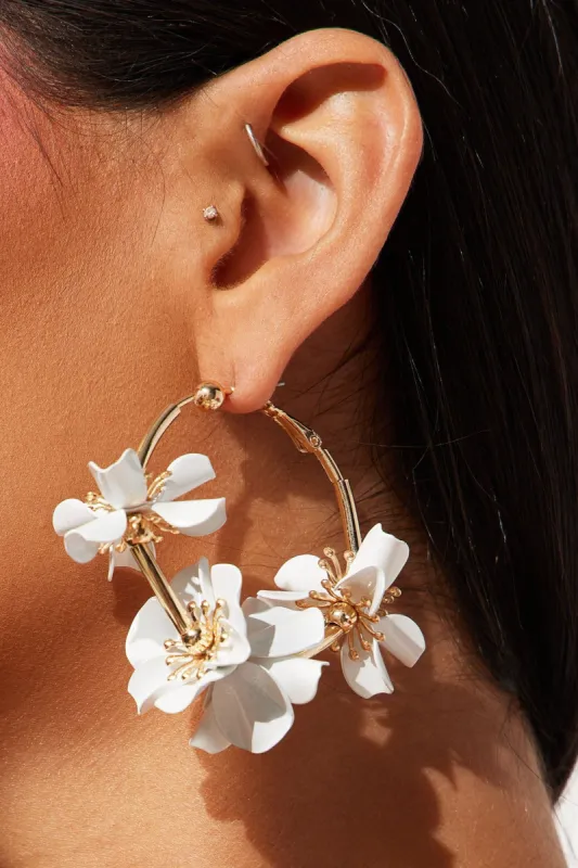 Watch Her Blossom Hoop Earrings - White/Gold sold by Fashion Nova