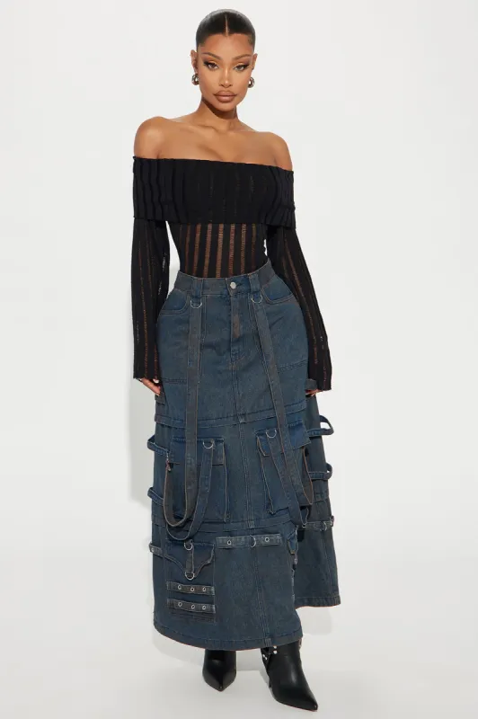 On Replay Washed Denim Cargo Maxi Skirt - Dark Wash sold by Fashion Nova