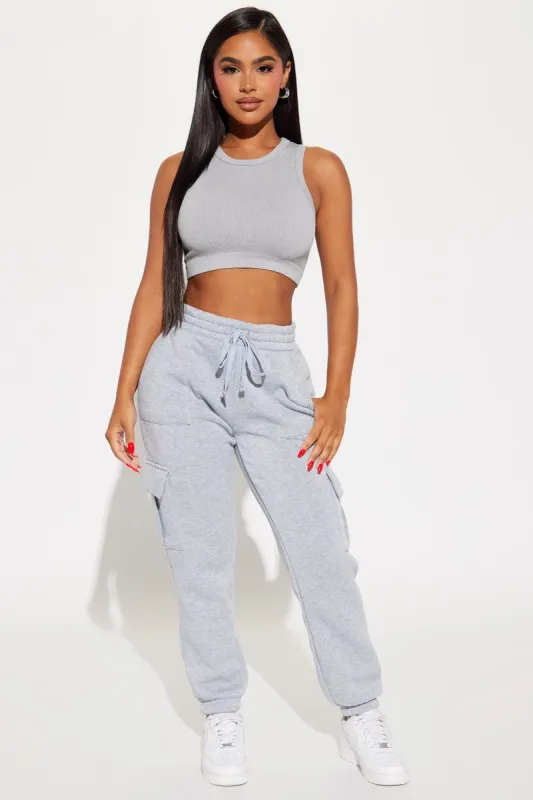 My Goodies Fleece Cargo Lounge Jogger - Heather Grey sold by Fashion Nova